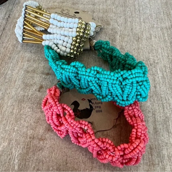 Beaded Bracelets teal peach white gold stretch clasp adjustable - Picture 7 of 10